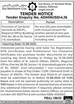 Sui Northern Gas Lahore Tender Notice